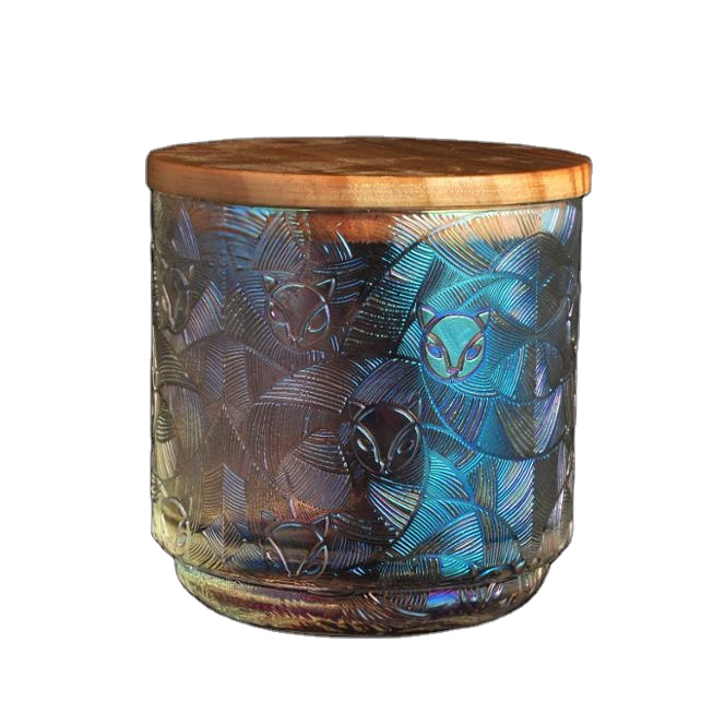 Empty Embossed Fox Pattern Holographic Glass Candle Jar With Lids