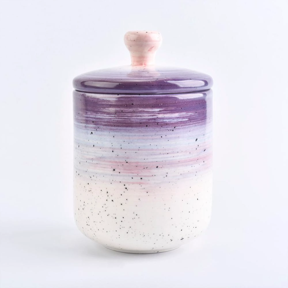 White purple enamel ceramic tealight candle holder jar with lid for home decor