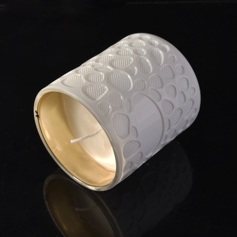 Geo Cut Embossed White Glass Candle Jars For Candle Making