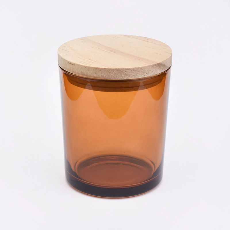 400ml Amber Glass Candle Holder With Wooden Lids