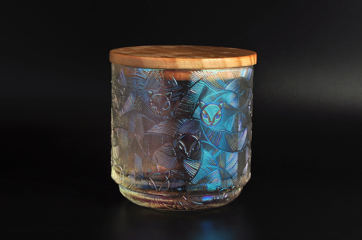Empty Embossed Fox Pattern Holographic Glass Candle Jar With Lids