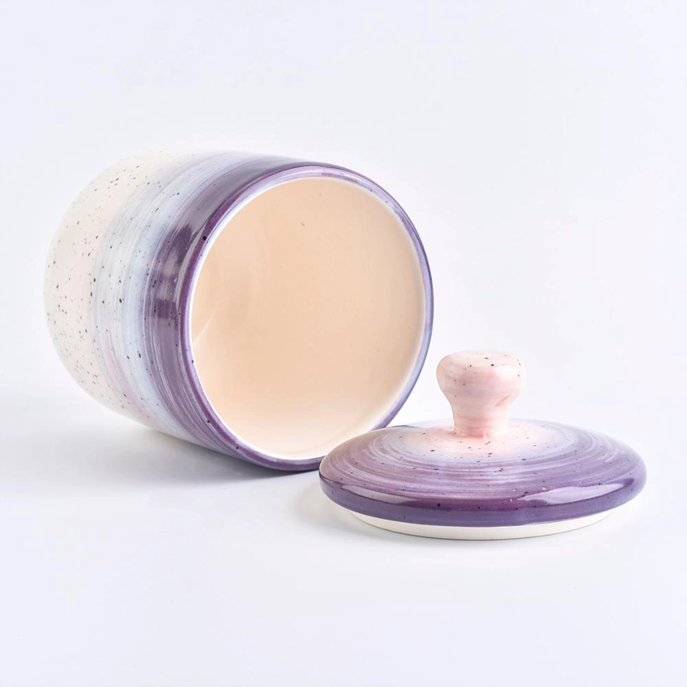 White purple enamel ceramic tealight candle holder jar with lid for home decor