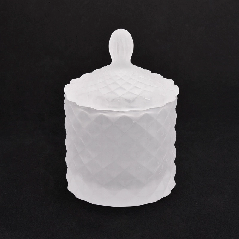 Frosted Geo cut White Glass Candle containers with lid
