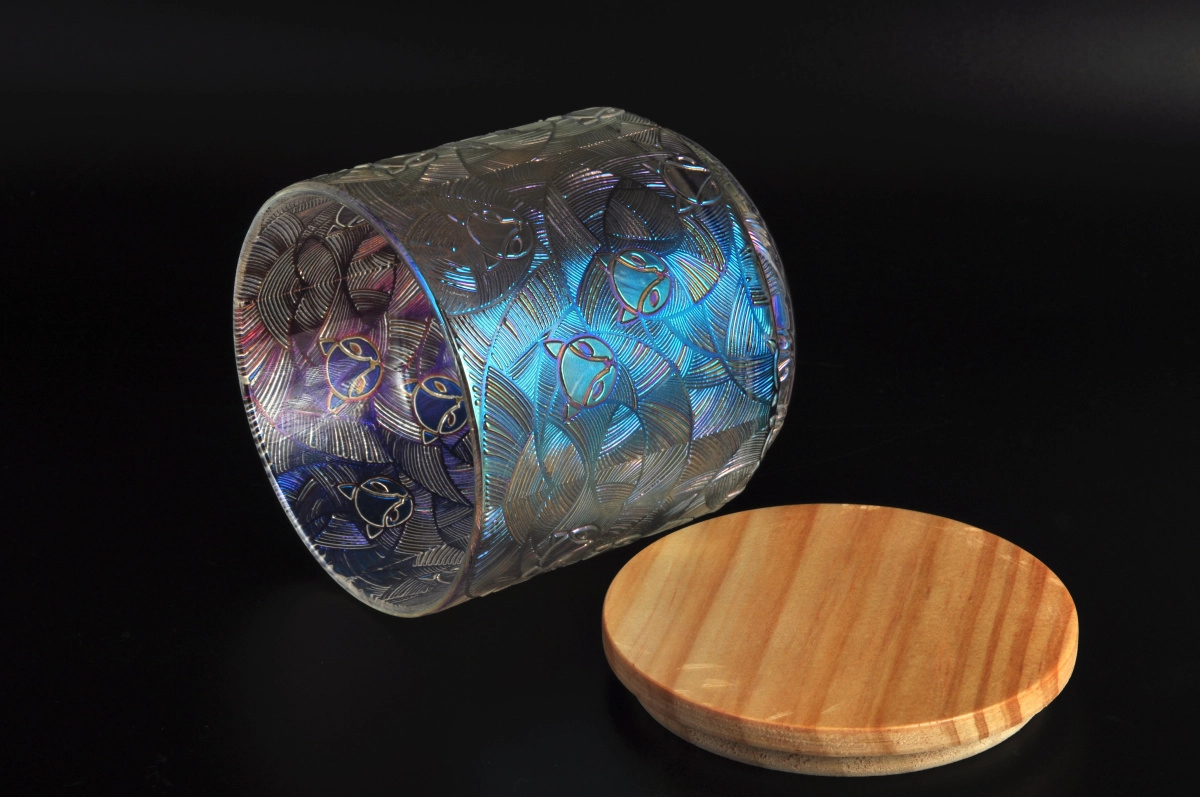 Empty Embossed Fox Pattern Holographic Glass Candle Jar With Lids