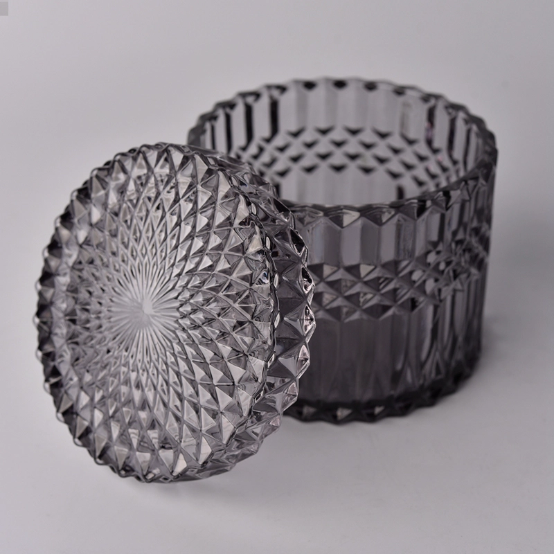 GEO Cut black glass candle jar with lid