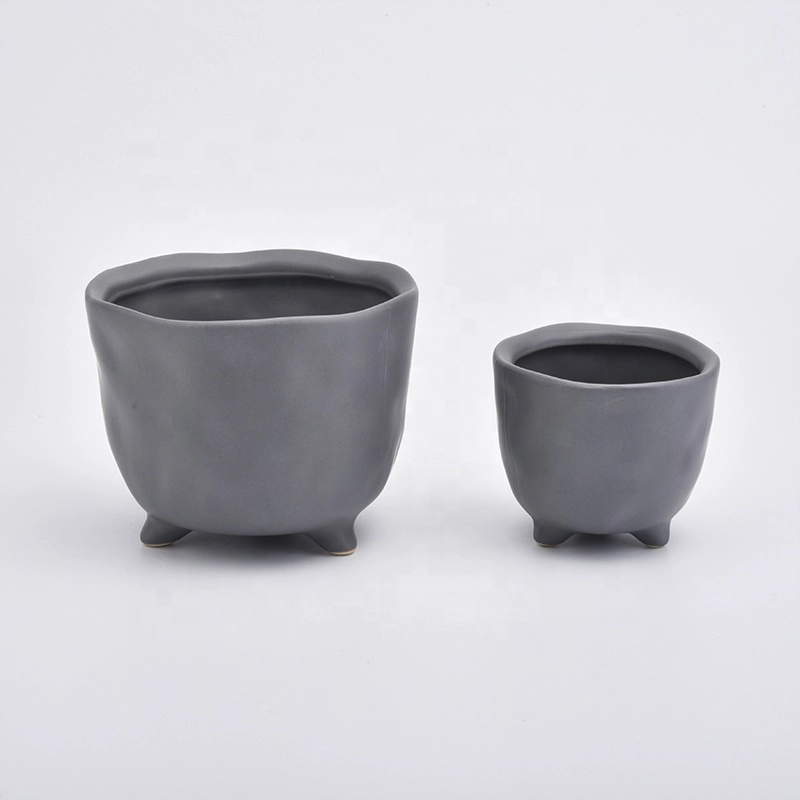 Decorative Round grey Ceramic Candle Jars With Foot