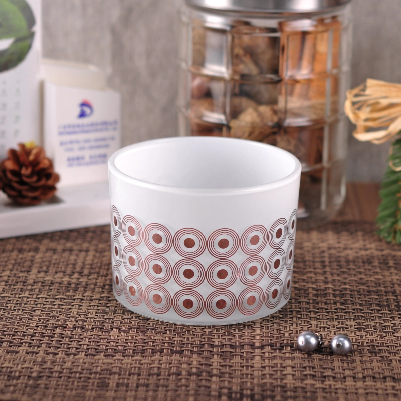 White Glass Candle Container With Decal Decoration