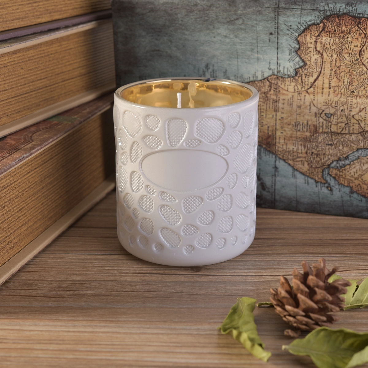 Geo Cut Embossed White Glass Candle Jars For Candle Making