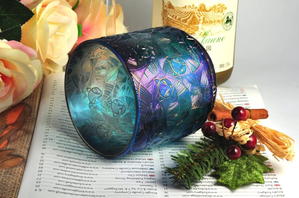 Empty Embossed Fox Pattern Holographic Glass Candle Jar With Lids