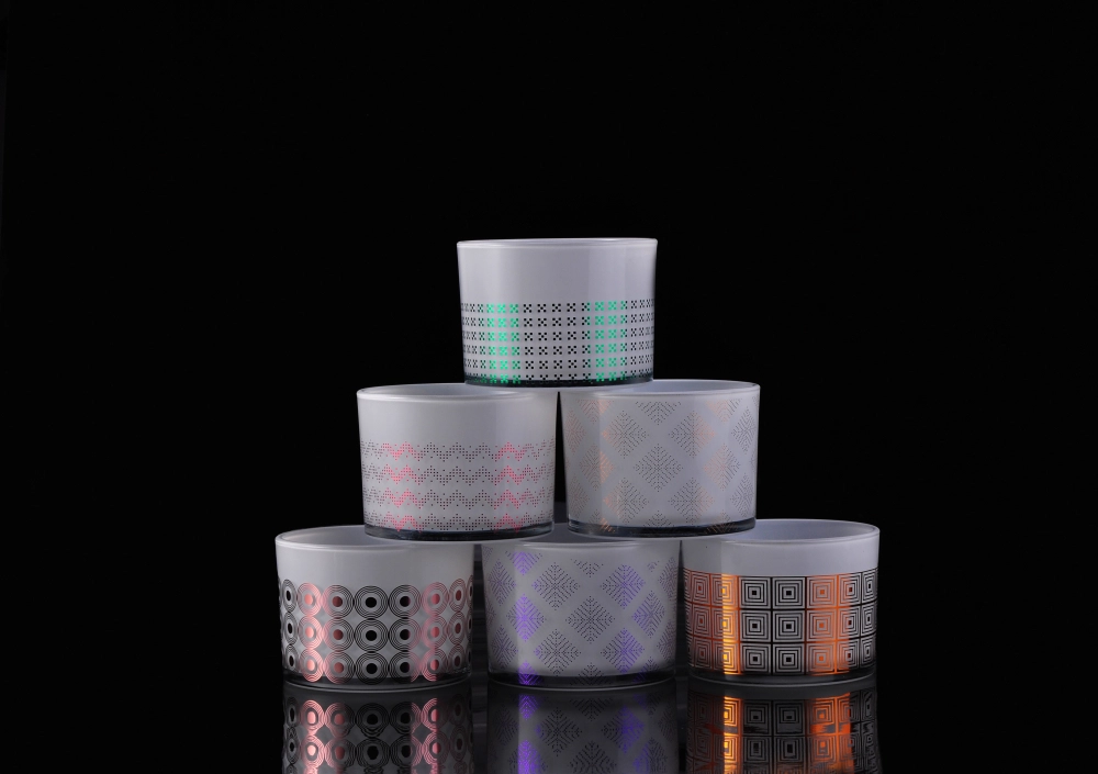 White Glass Candle Container With Decal Decoration