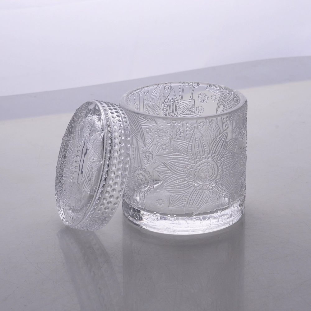 Selling colored carved 8oz glass candle jar with lid wholesale