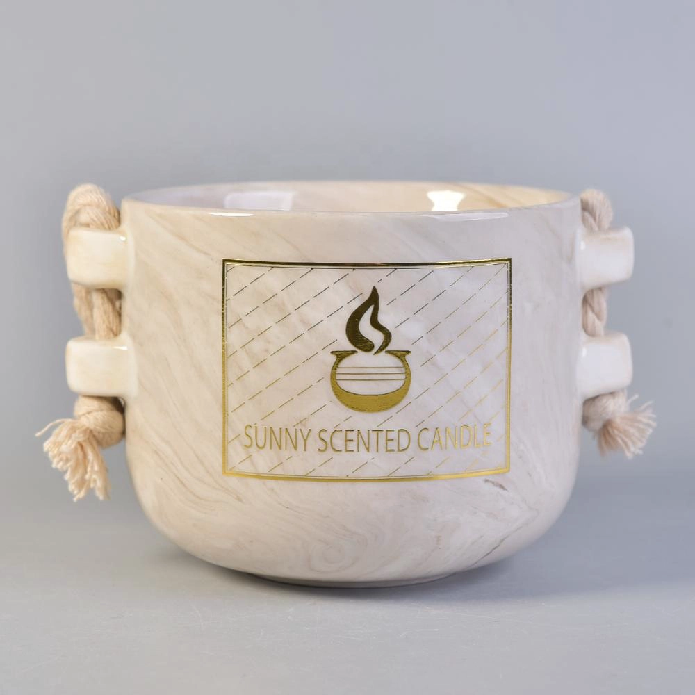 China 10oz Sunny scented empty ceramic candle holders with hemp rope manufacturer