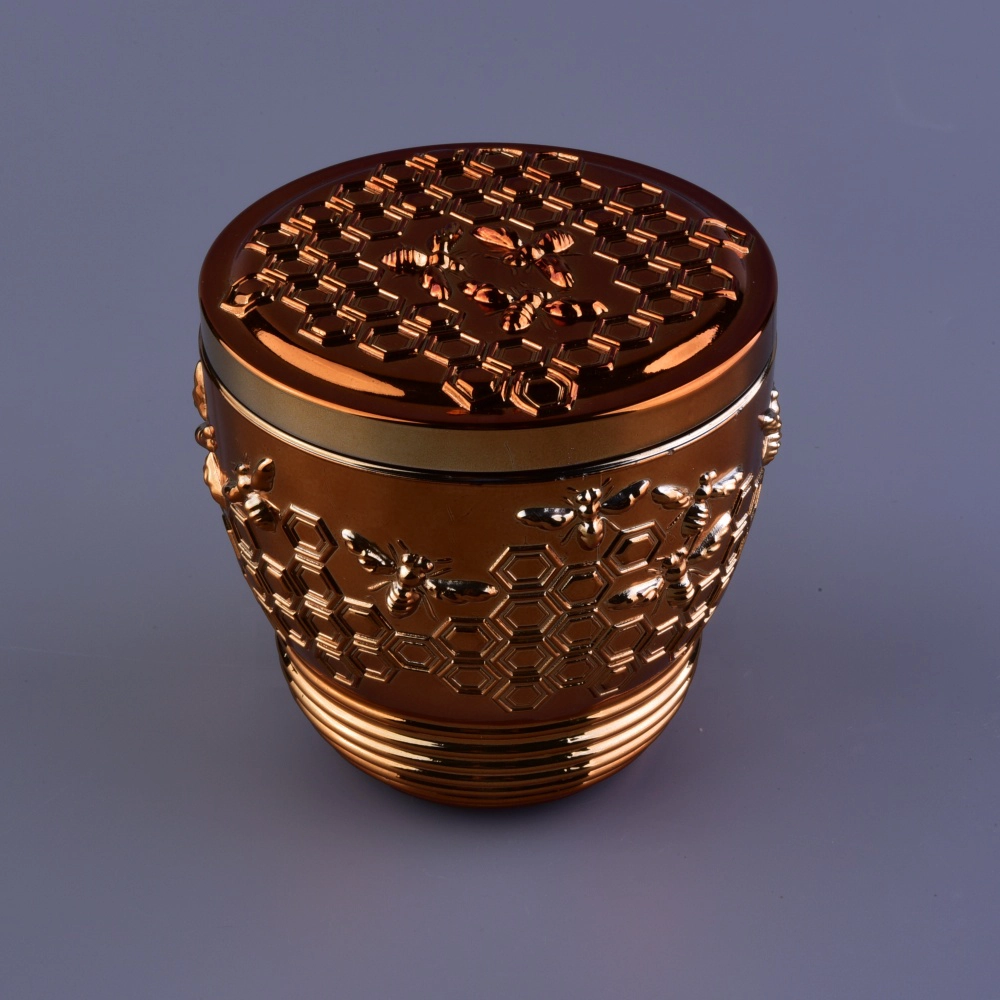 Sunny bee design votive gold glass candle holder with glass lid