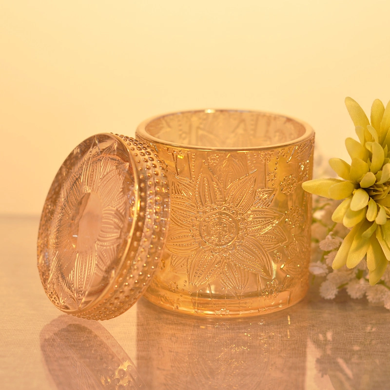Selling colored carved 8oz glass candle jar with lid wholesale