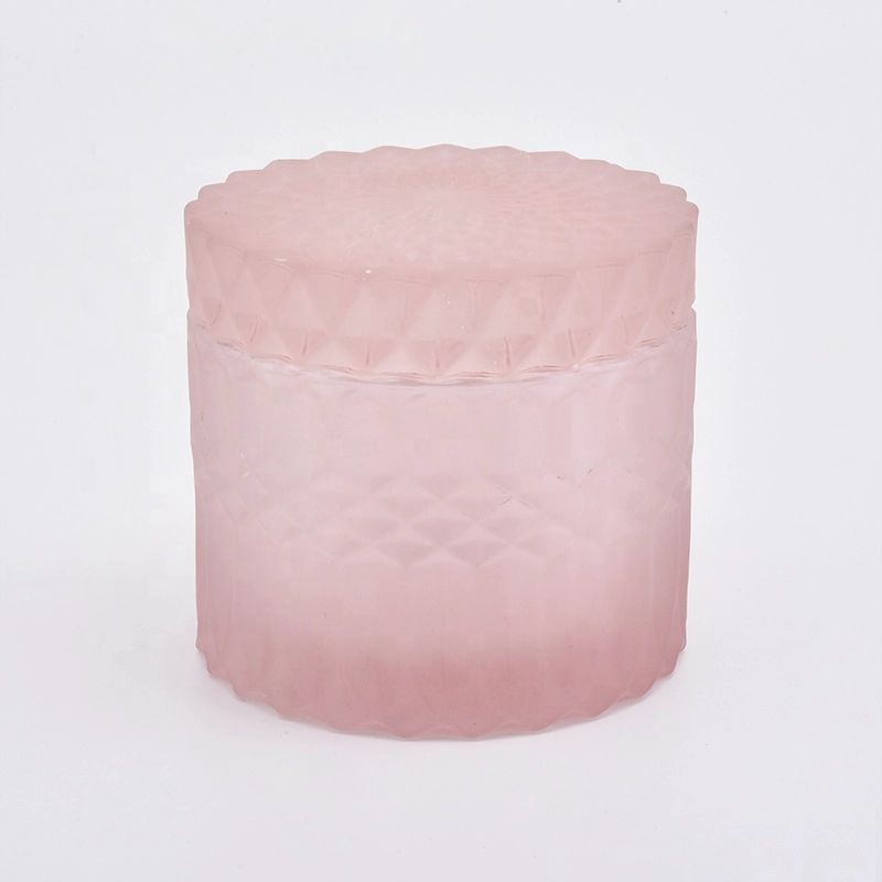 Wholesales 8 oz 12 oz luxury pink frosted glass candle holder with lid home decoration