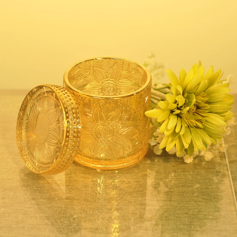 Wholesale high quality flower pattern glass candle jar with lid