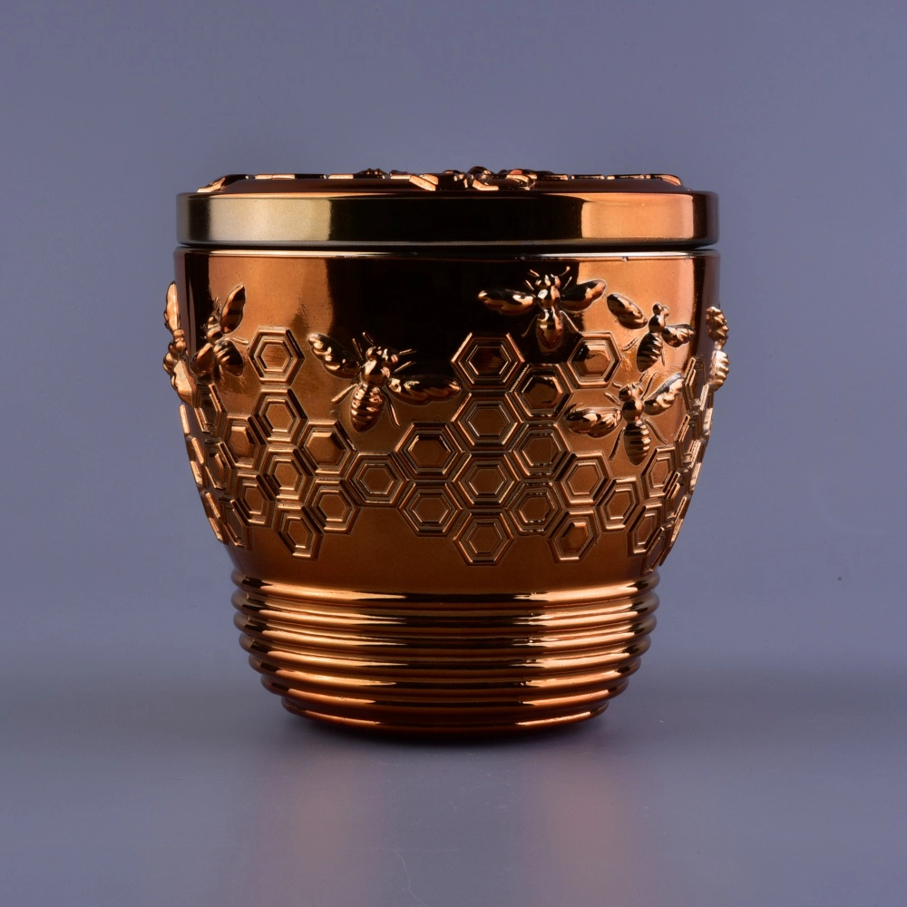 Sunny bee design votive gold glass candle holder with glass lid