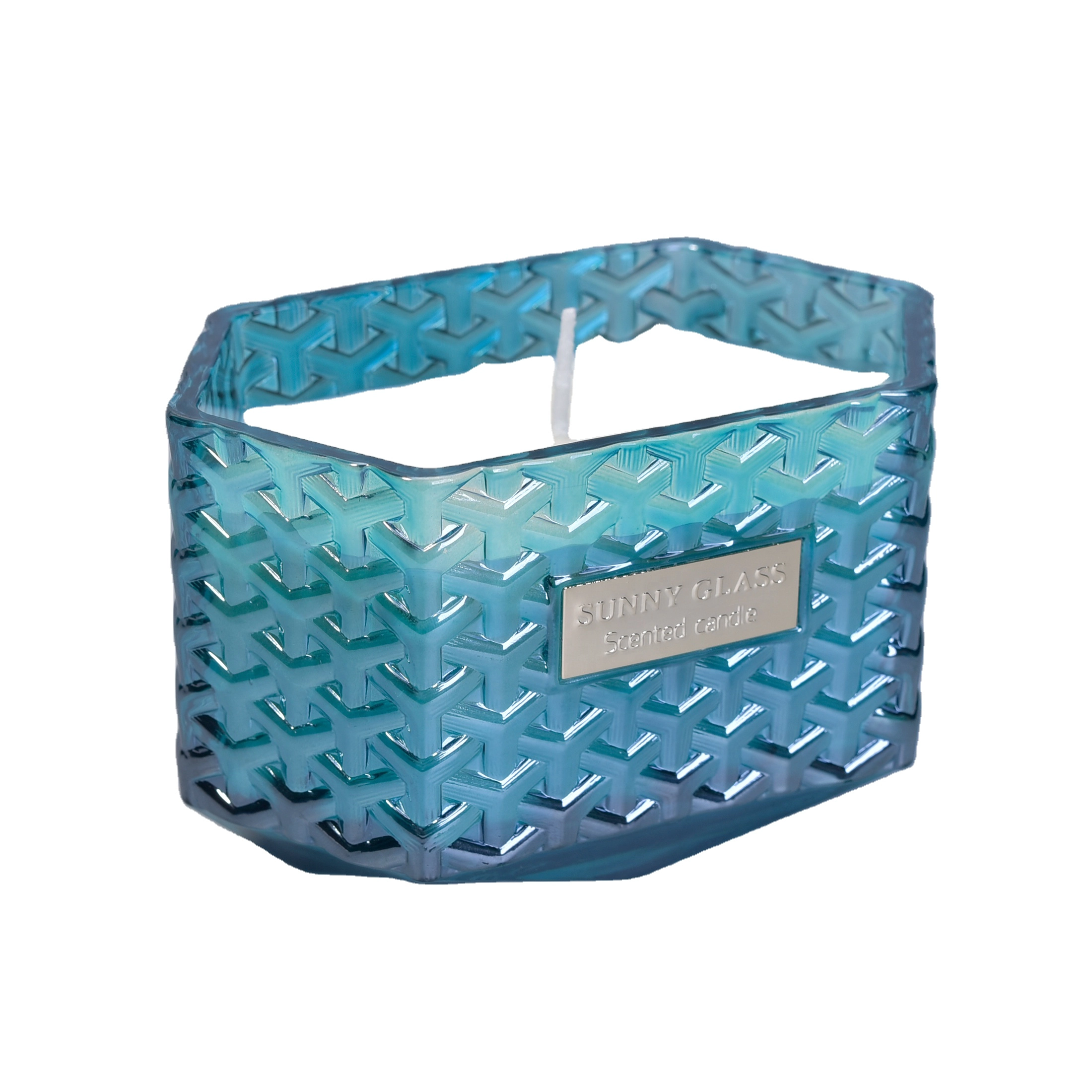 10oz 20oz Sunny Hexagon blue glass candle holder container with wood lids