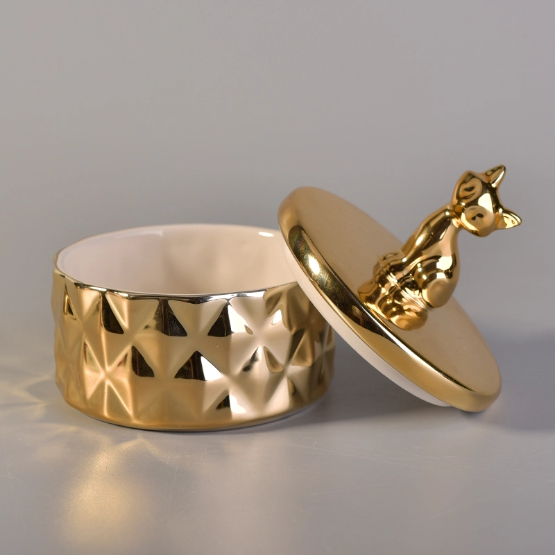 Gold Ceramic Candle Vessels With Animal Lid