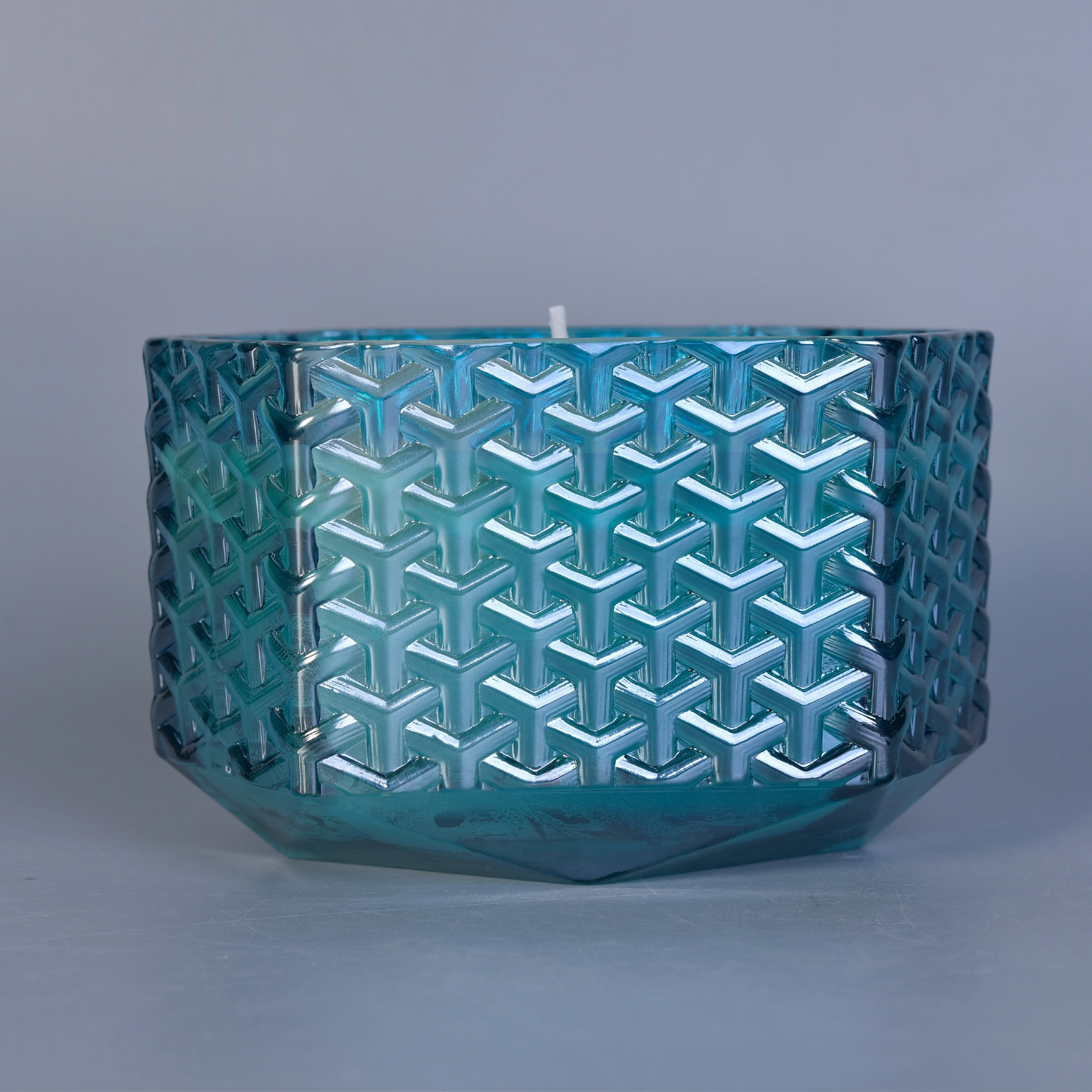 10oz 20oz Sunny Hexagon blue glass candle holder container with wood lids