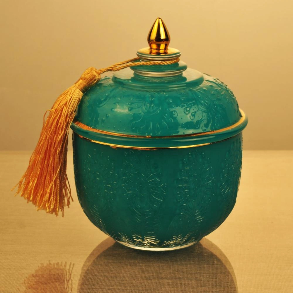 Sunny new design luxury tealight empty glass candle holder with tassel lid