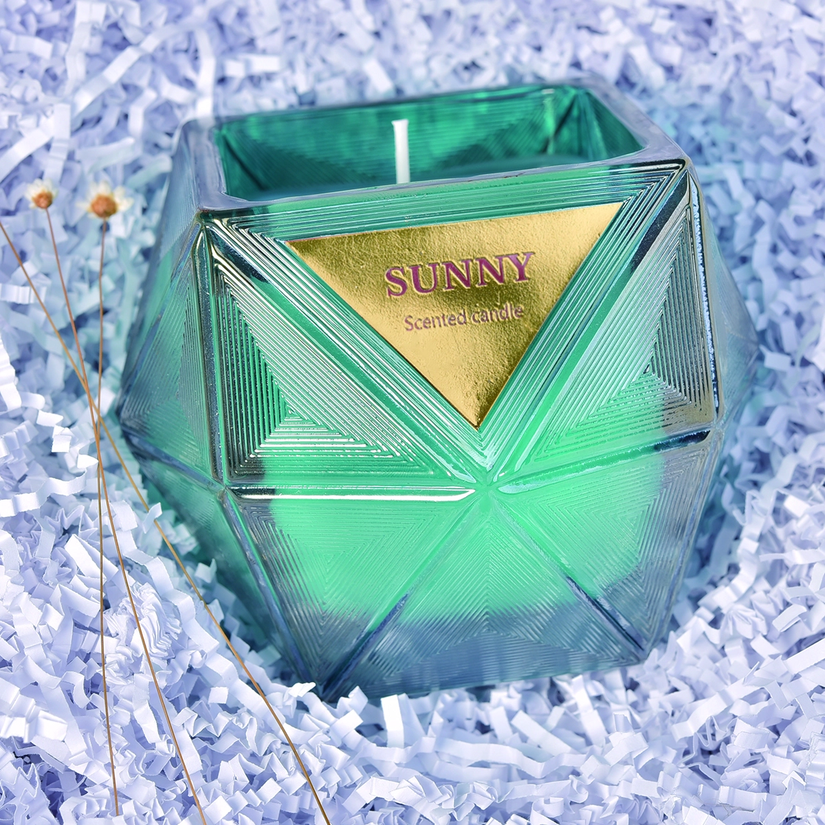 8oz Sunny scented Custom Hexagon colored glass candle jar