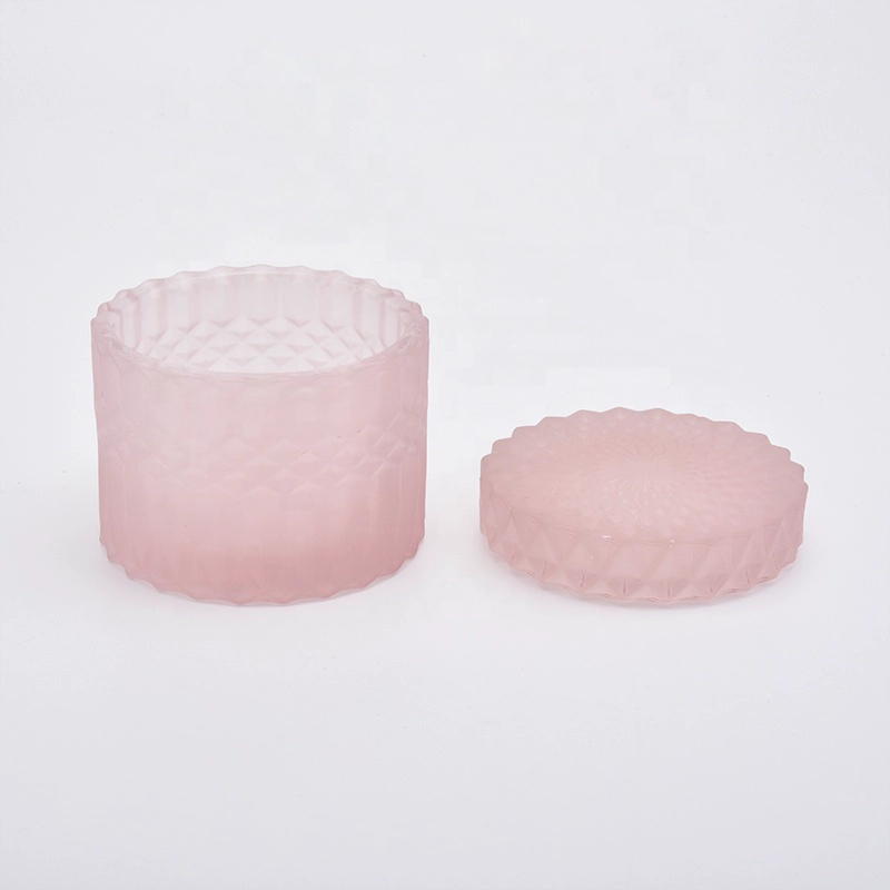 Wholesales 8 oz 12 oz luxury pink frosted glass candle holder with lid home decoration