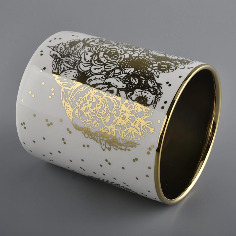 Luxury Gold Plating Candle Jars With White Glazed and Gold Decal