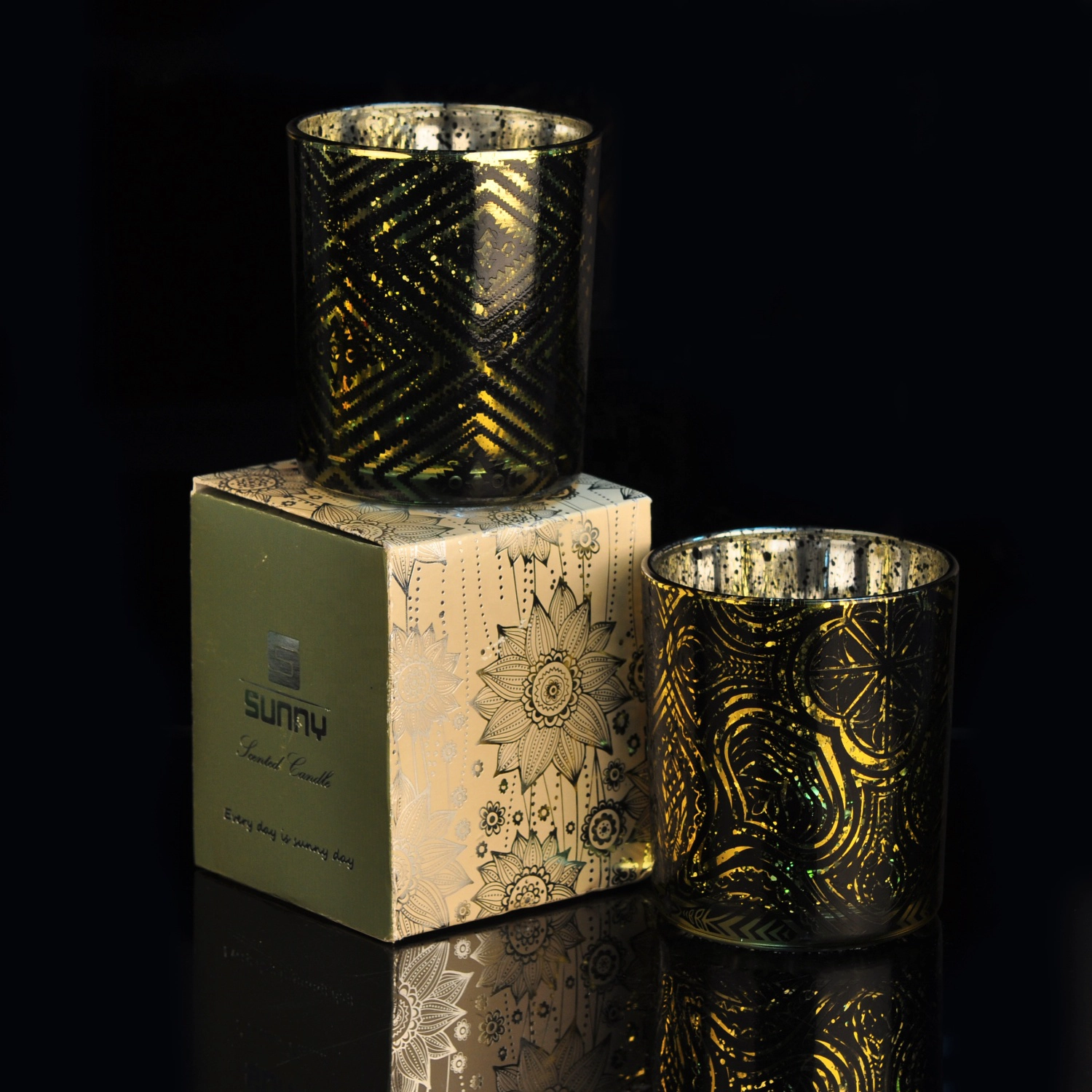 Suppliers tealight black luxury glass candle holders with custom packaging box