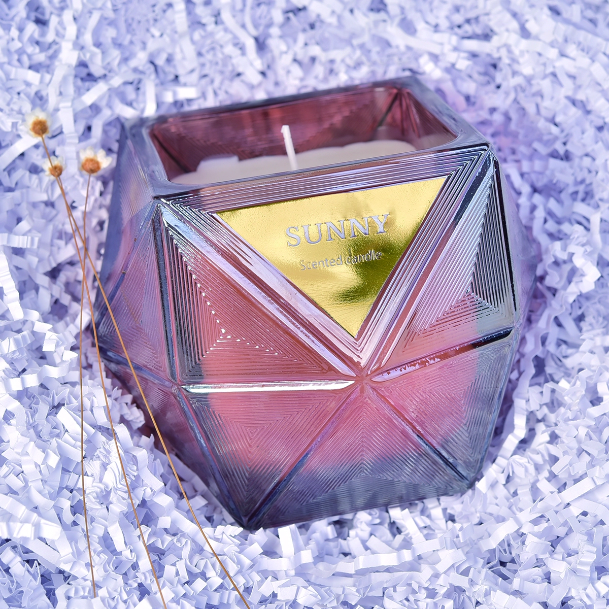 8oz Sunny scented Custom Hexagon colored glass candle jar