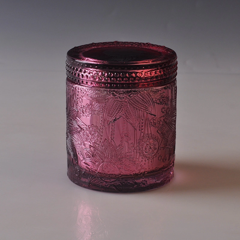 Wholesale high quality flower pattern glass candle jar with lid