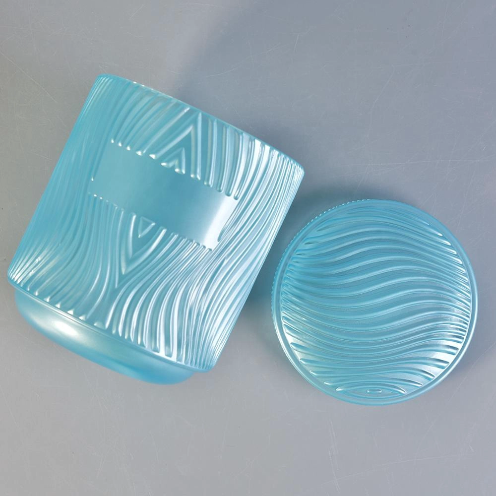 Sunny river design blue Luxury glass candle jars with glass lid