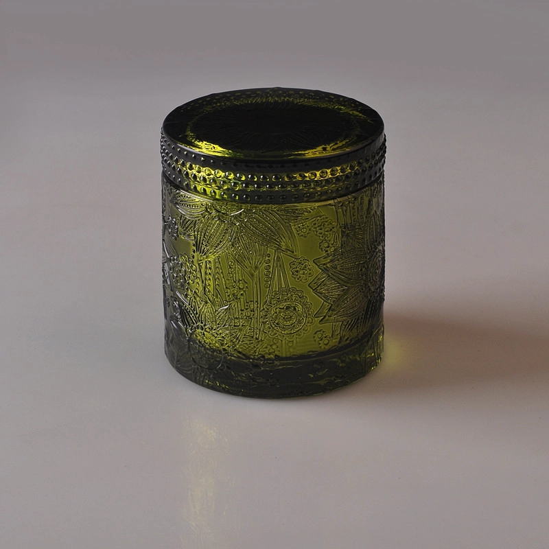 Selling colored carved 8oz glass candle jar with lid wholesale