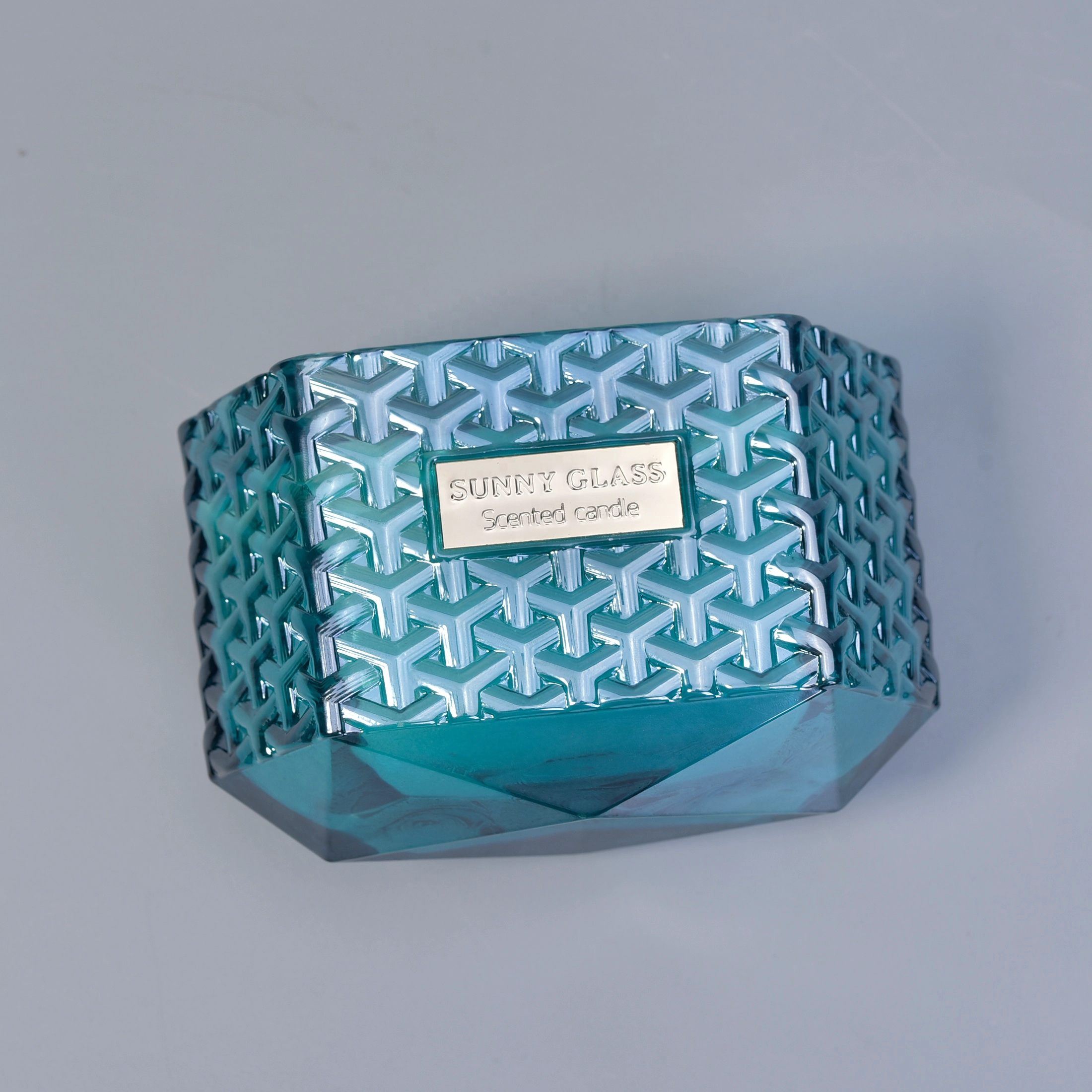 10oz 20oz Sunny Hexagon blue glass candle holder container with wood lids