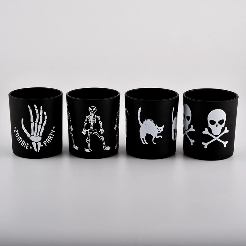 Matte Black Glass Cande Jar With White Pattern For Halloween