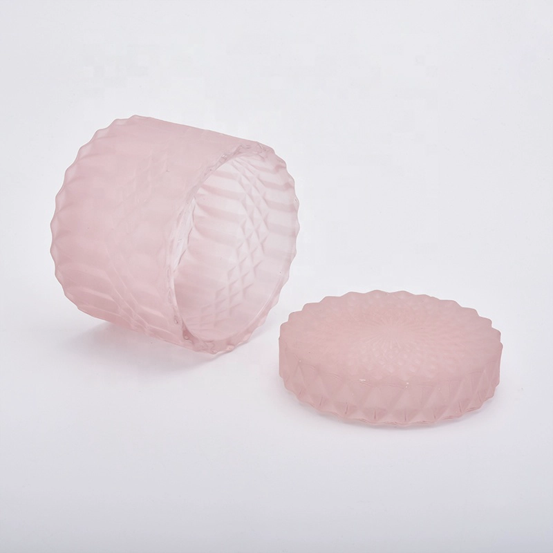 Wholesales 8 oz 12 oz luxury pink frosted glass candle holder with lid home decoration