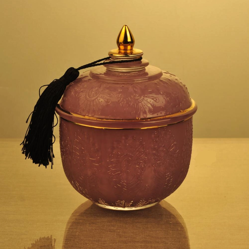 Sunny new design luxury tealight empty glass candle holder with tassel lid