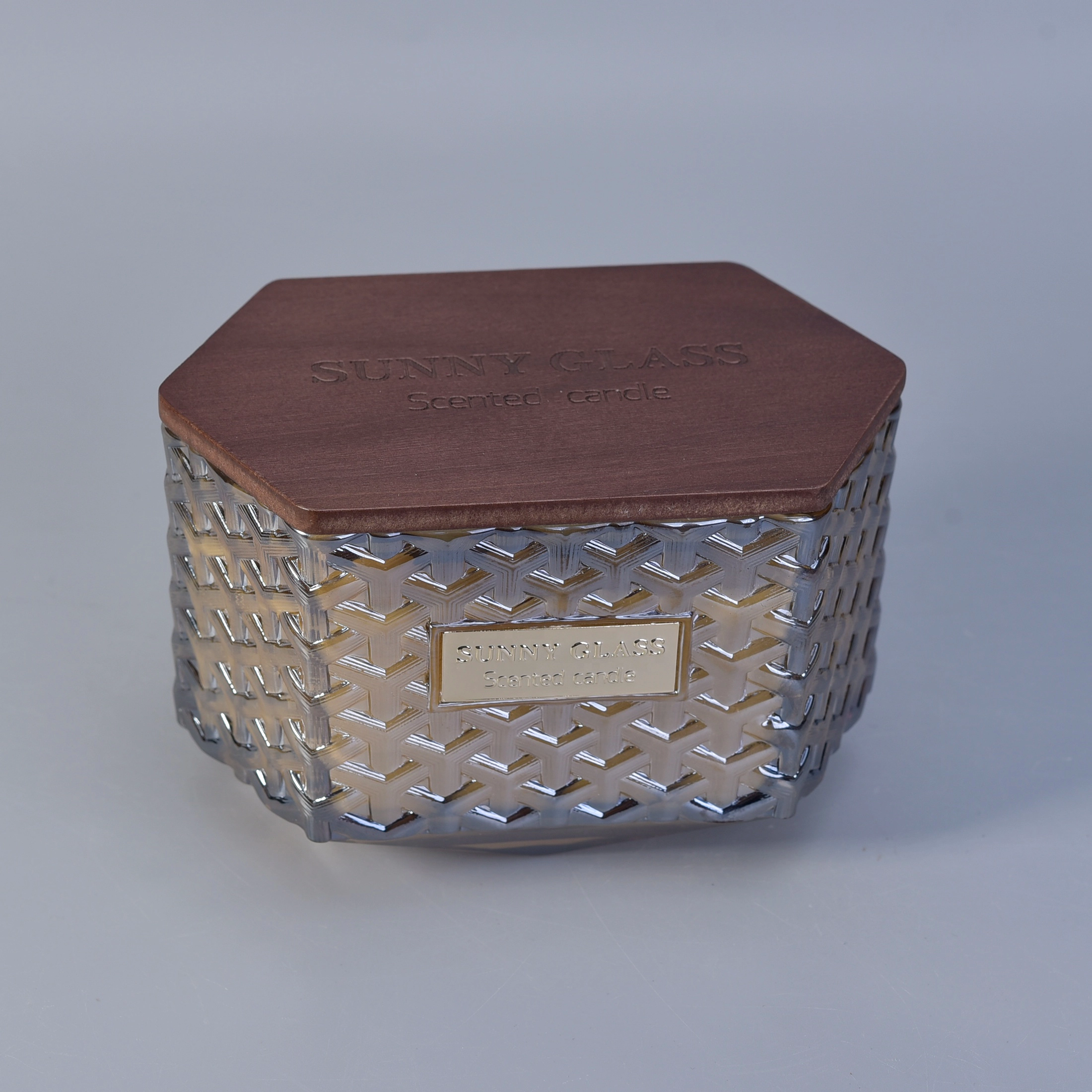 10oz 12oz Sunny woven decorative glass candle holder with wooden lids