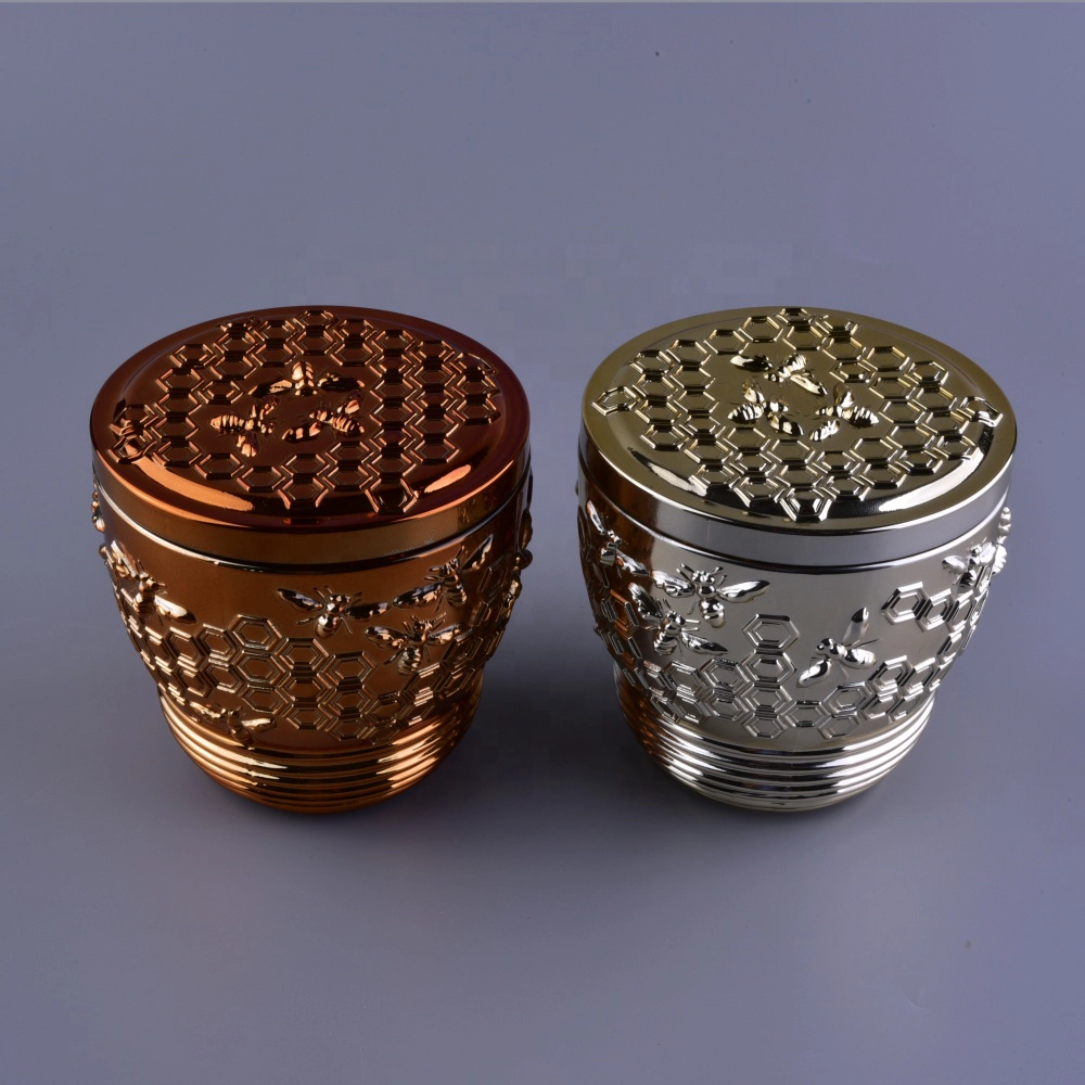 Sunny bee design votive gold glass candle holder with glass lid