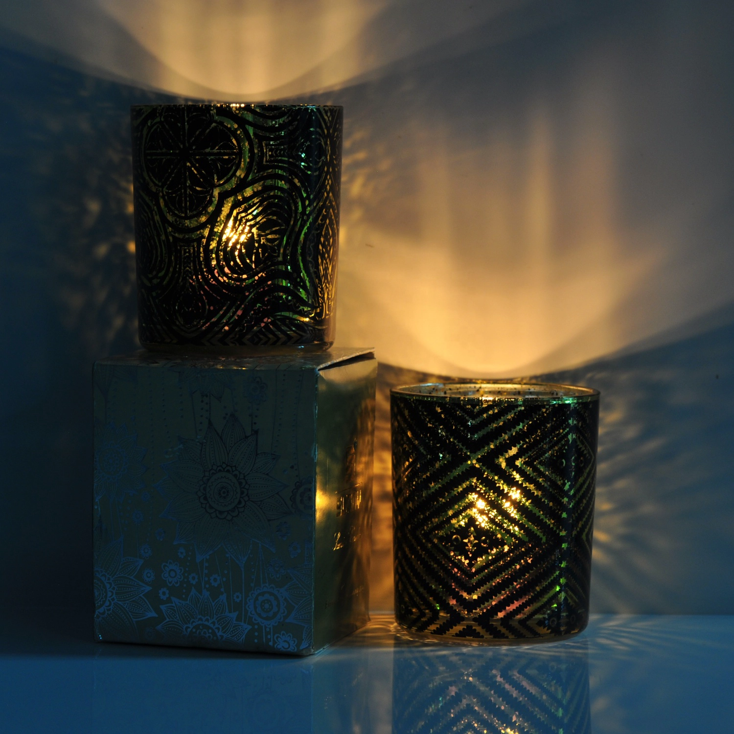 Suppliers tealight black luxury glass candle holders with custom packaging box