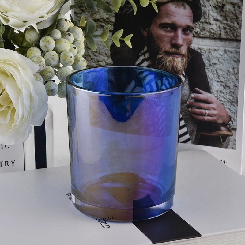 10 oz 8 oz 6 oz empty iridescent blue glass cylinder candle holder jar home decoration