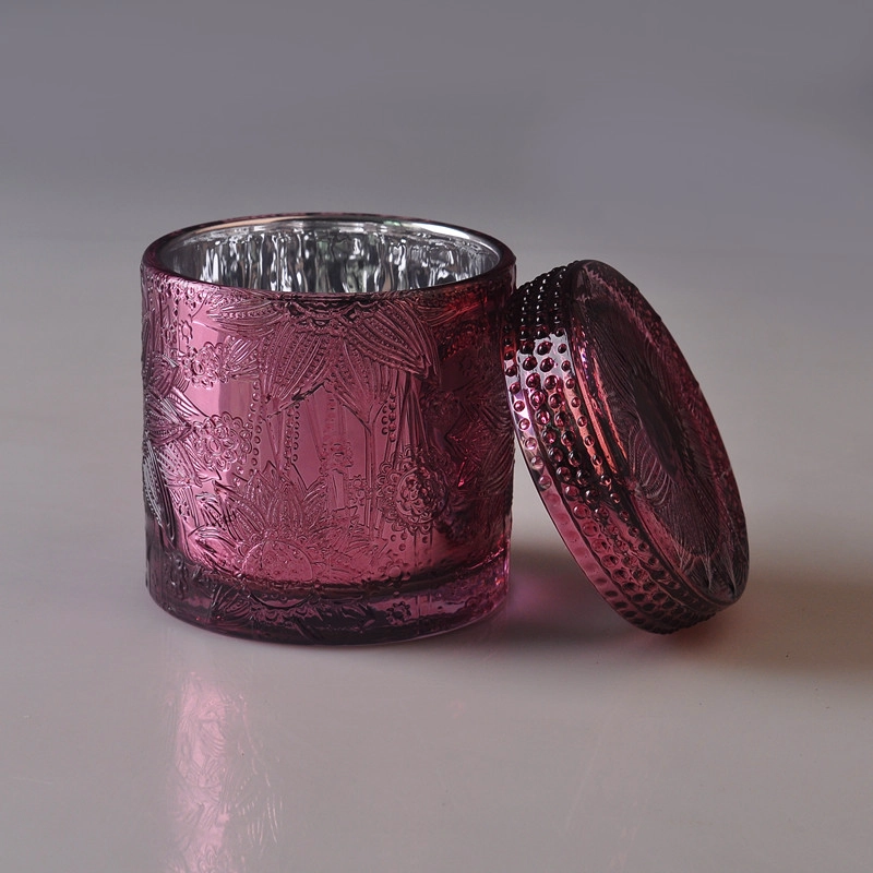 Wholesale high quality flower pattern glass candle jar with lid