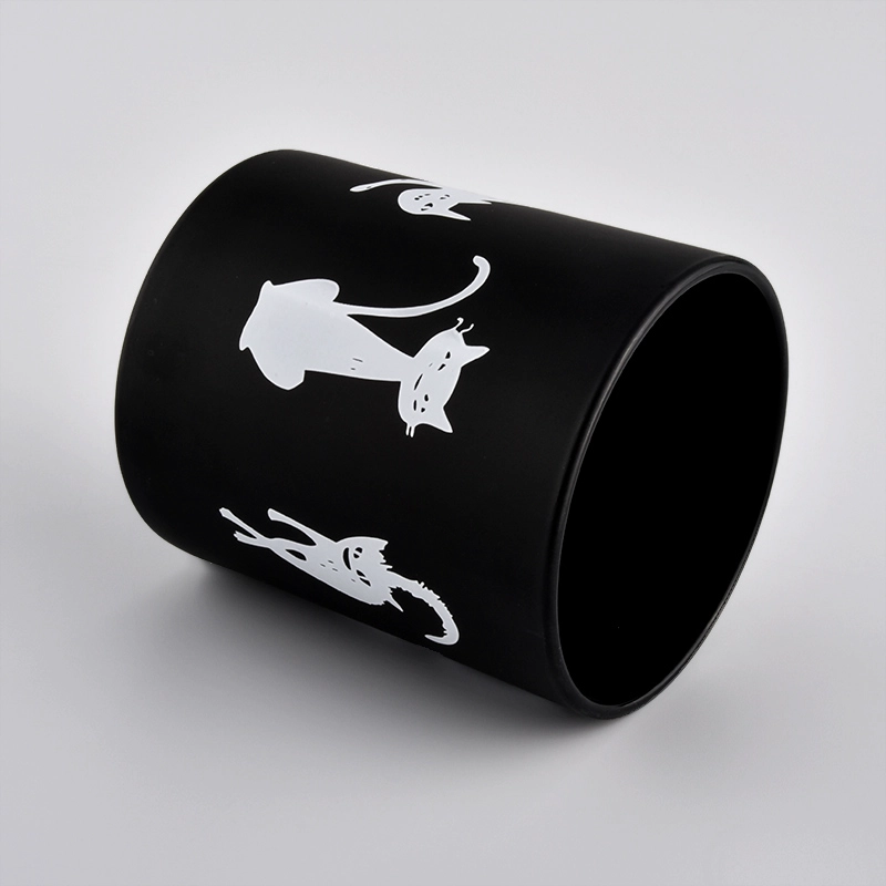 Matte Black Glass Cande Jar With White Pattern For Halloween