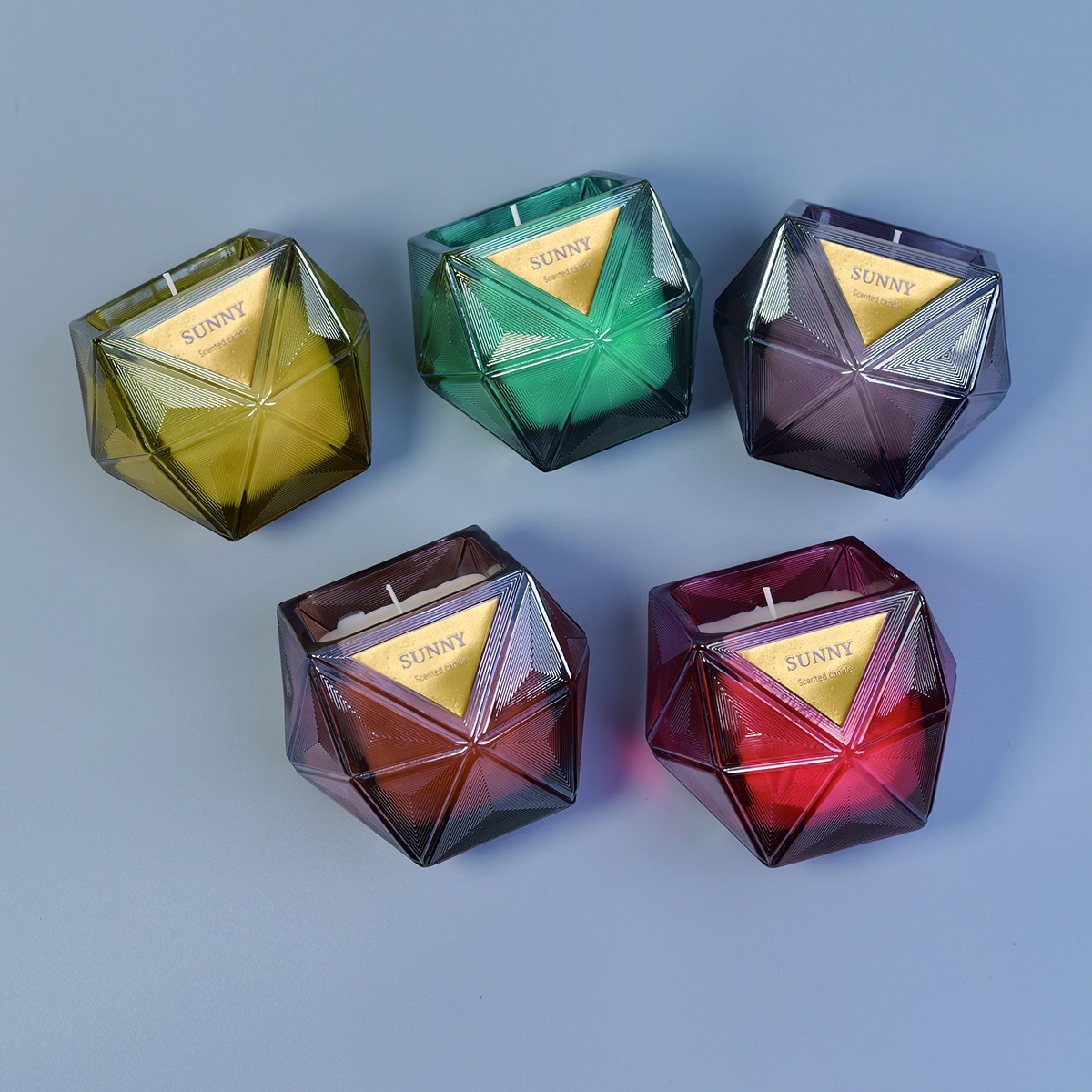 8oz Sunny scented Custom Hexagon colored glass candle jar
