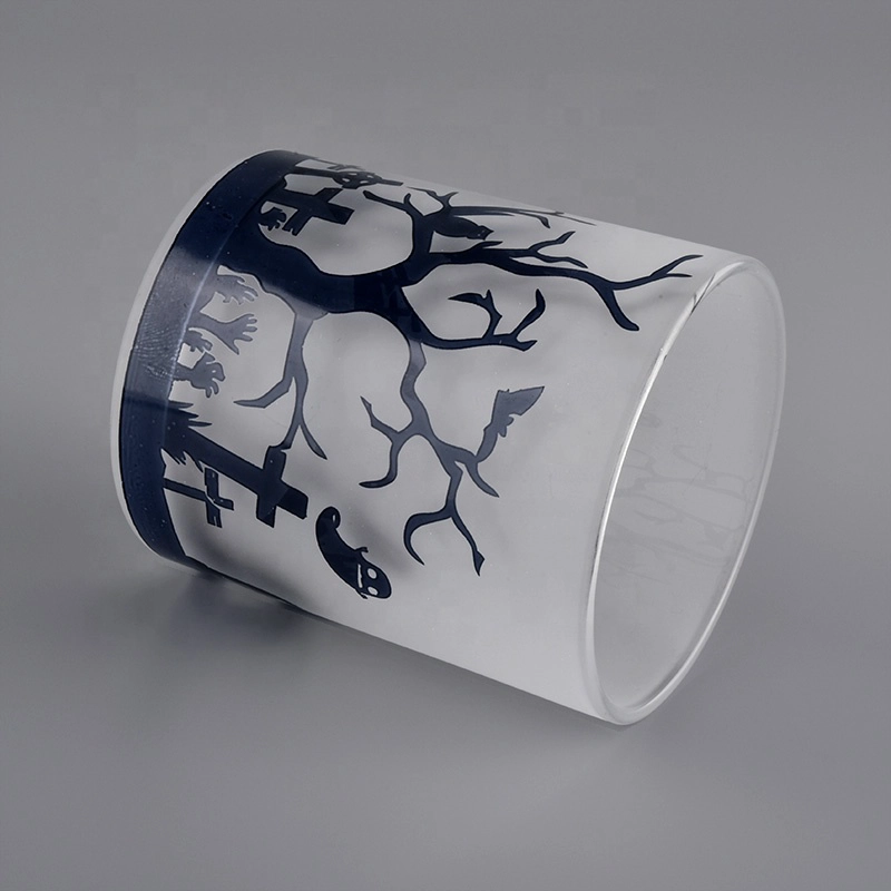Christmas Frosted Candle Holder Glass With Black Pattern
