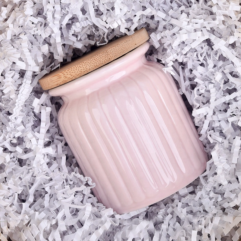 300ml Pink Ceramic Candle Jars With Bamboo Lids
