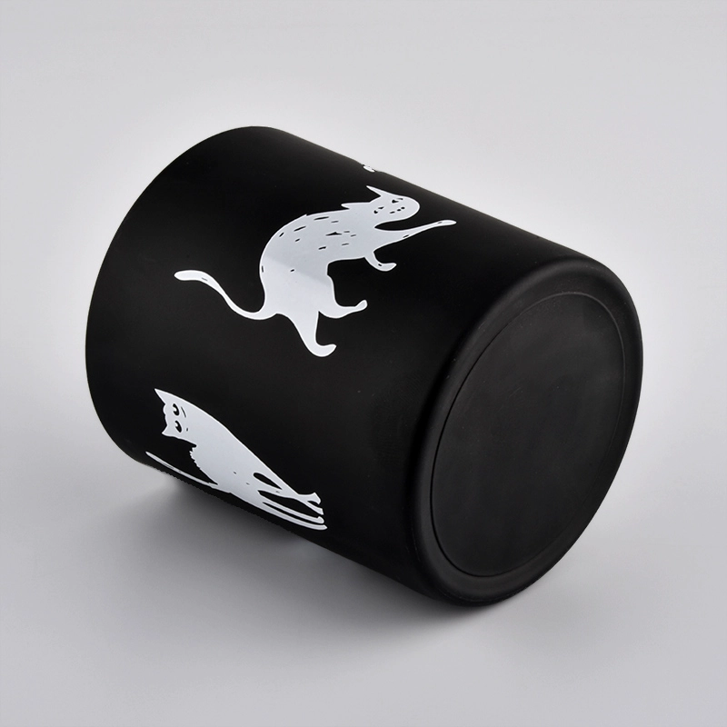 Matte Black Glass Cande Jar With White Pattern For Halloween