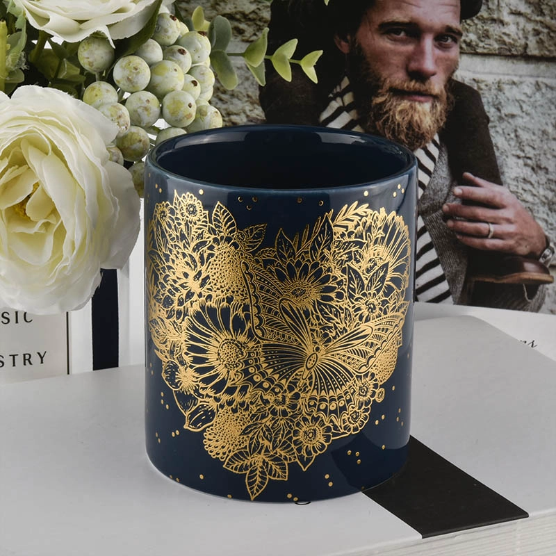 Black Glazing Candle Jar Ceramic With Gold Decoration