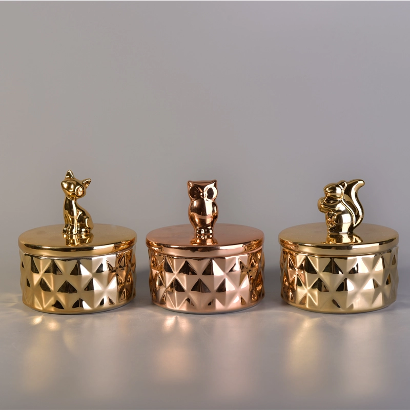 Gold Ceramic Candle Vessels With Animal Lid