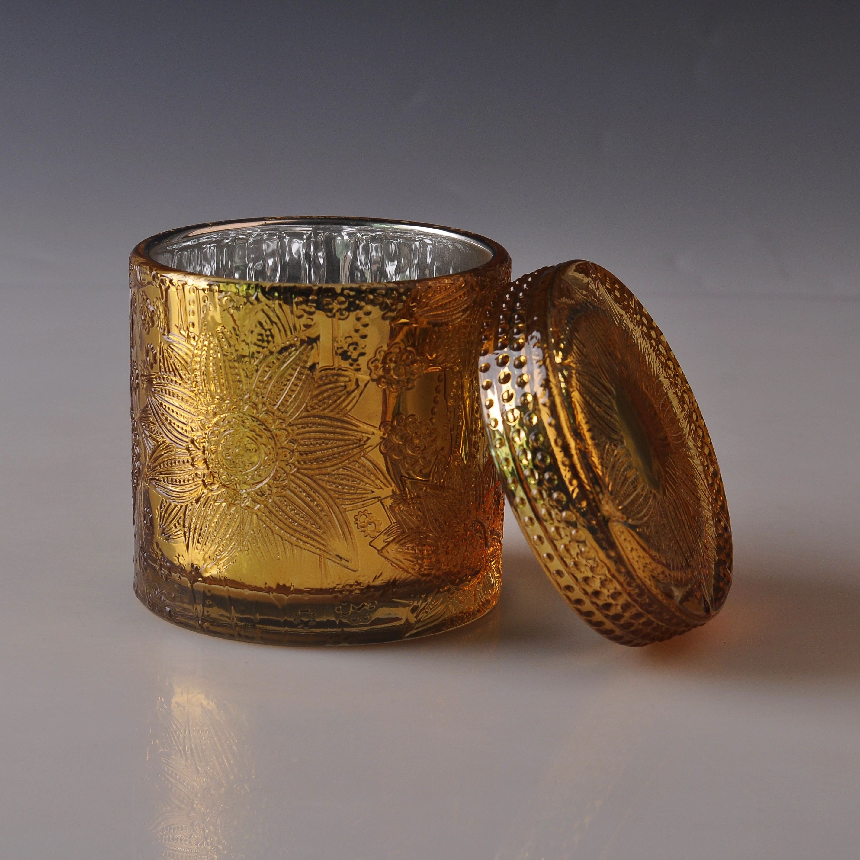 Sunny golden engraving empty Luxury glass candle holder lid with packaging box